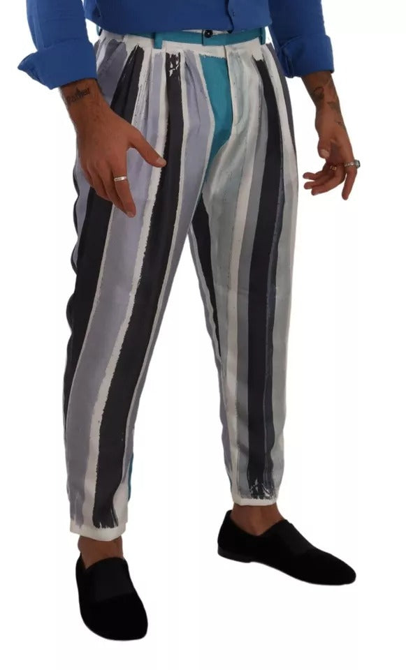 Blue Striped Silk Tapered Pants