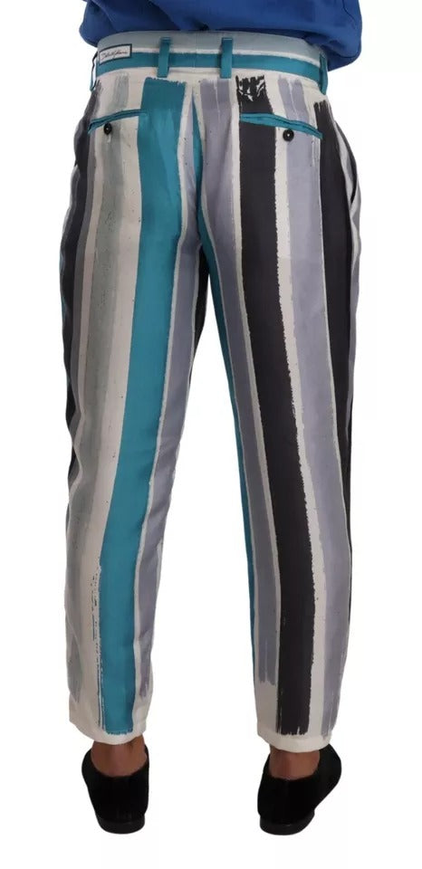 Blue Striped Silk Tapered Pants