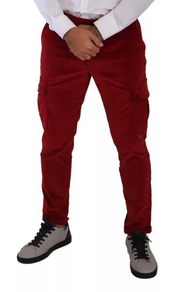 Red Corduroy Cotton Cargo Skinny Pants