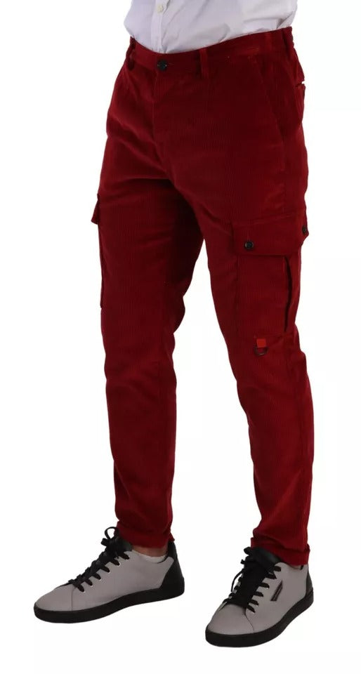 Red Corduroy Cotton Cargo Skinny Pants