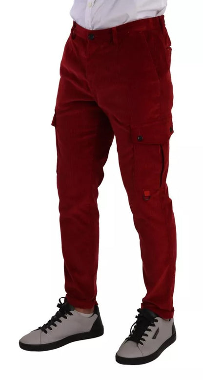 Red Corduroy Cotton Cargo Skinny Pants