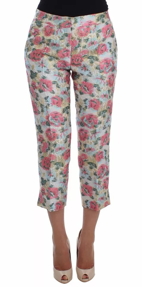 White Pink Floral Brocade Pants