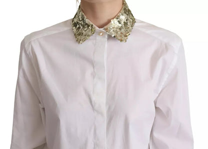 White Cotton Collared Long Sleeves Sequin Top Shirt