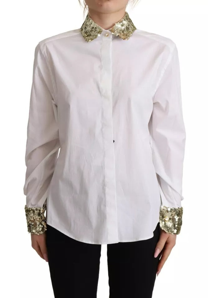 White Cotton Collared Long Sleeves Sequin Top Shirt