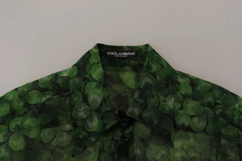 Green Clover Print Long Sleeves Collared Top Blouse