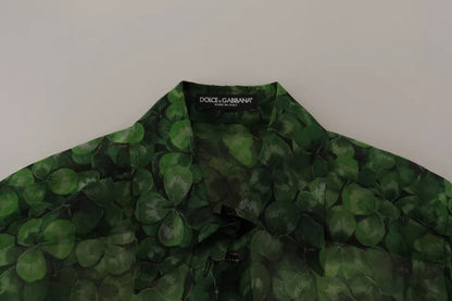 Green Clover Print Long Sleeves Collared Top Blouse