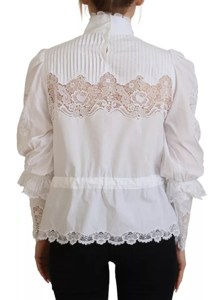 White Lace Trim Turtleneck Blouse Cotton Top