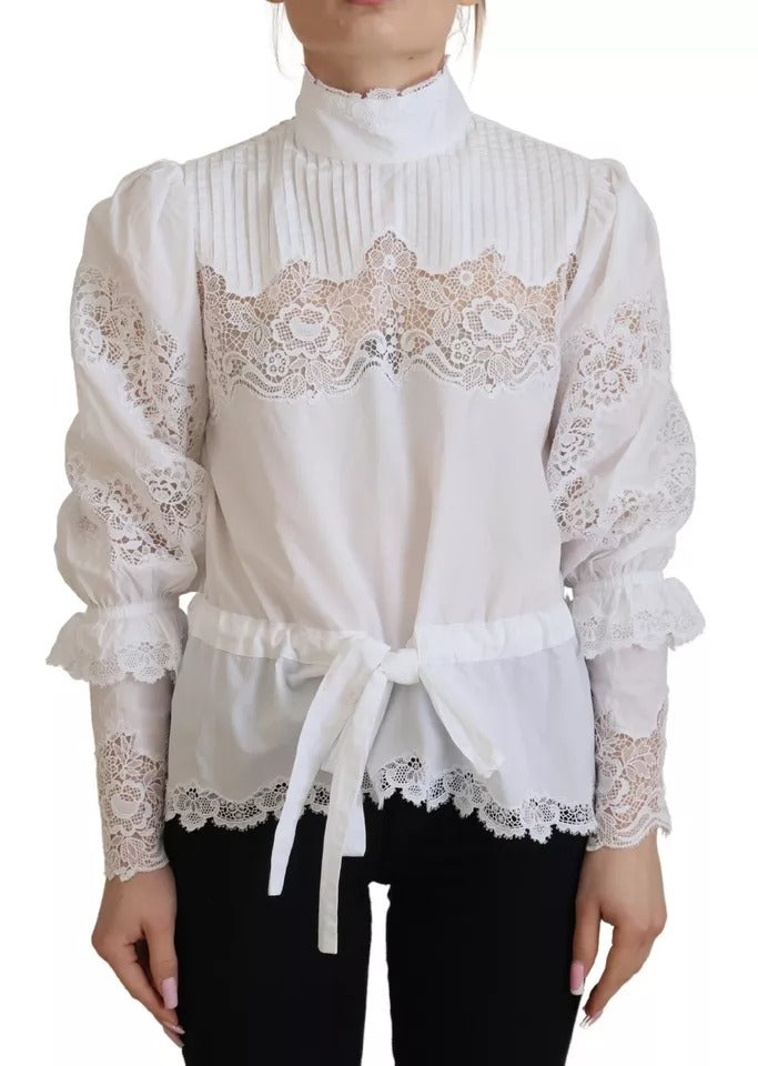 White Lace Trim Turtleneck Blouse Cotton Top