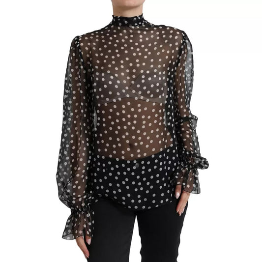 Black White Polka Dot Silk Ascot Collar Top