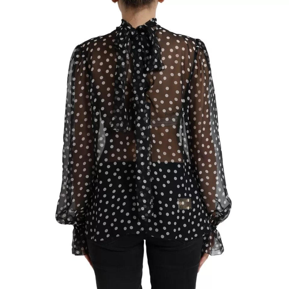 Black White Polka Dot Silk Ascot Collar Top