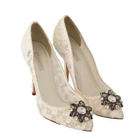 White Taormina Lace Crystal Heels Pumps Shoes