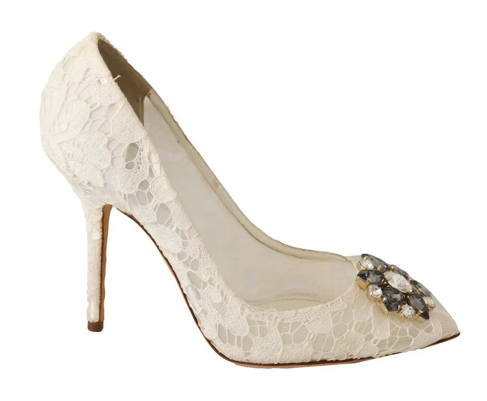 White Taormina Lace Crystal Heels Pumps Shoes