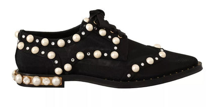 Black Lace Up Jewelled Formal Flats Shoes