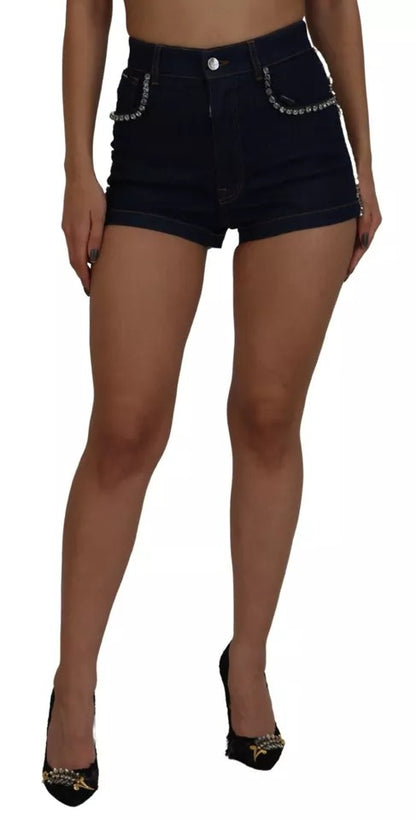 Blue Denim Stretch Crystal Hot Pants Shorts