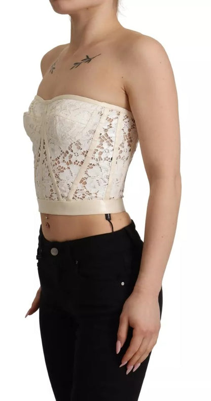 White Strapless Floral Lace Cropped Bustier Top