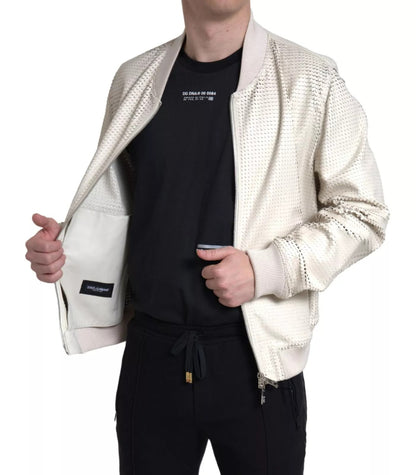 Off White LeatherPerforated Full Zip Jacket