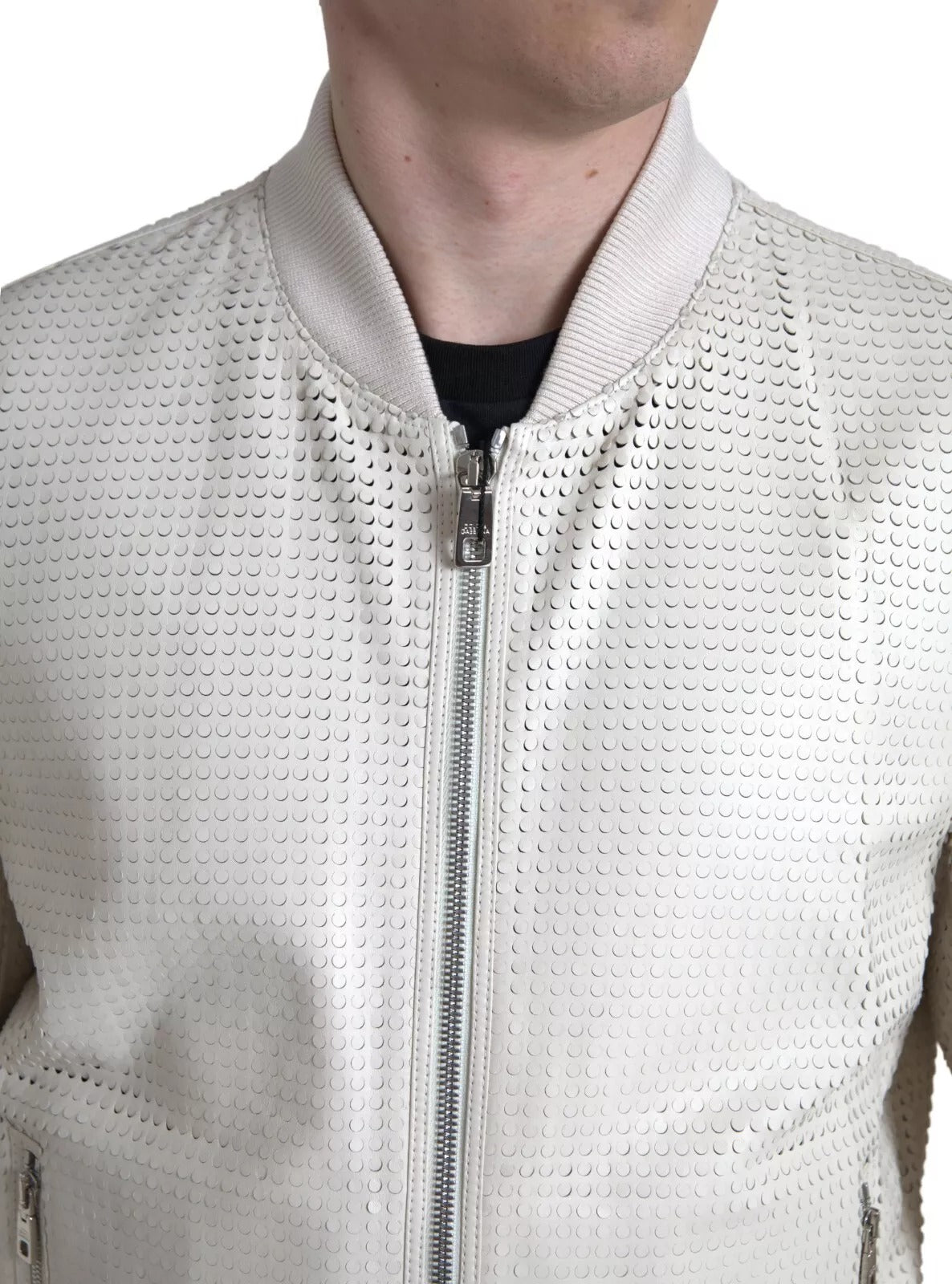 Off White LeatherPerforated Full Zip Jacket