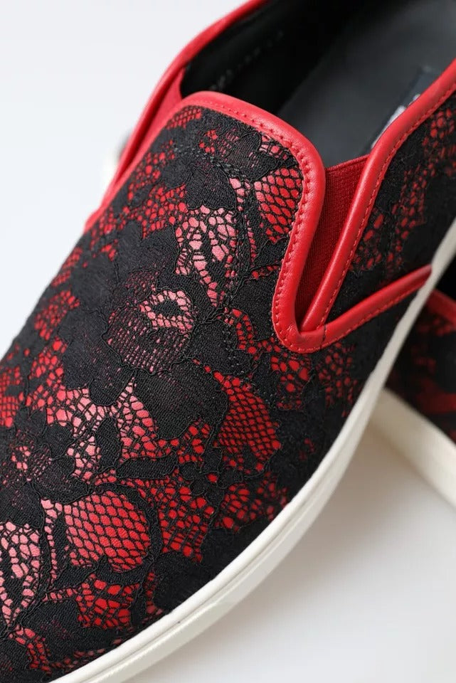 Black Red Lace Slip On Low Top Sneakers Shoes