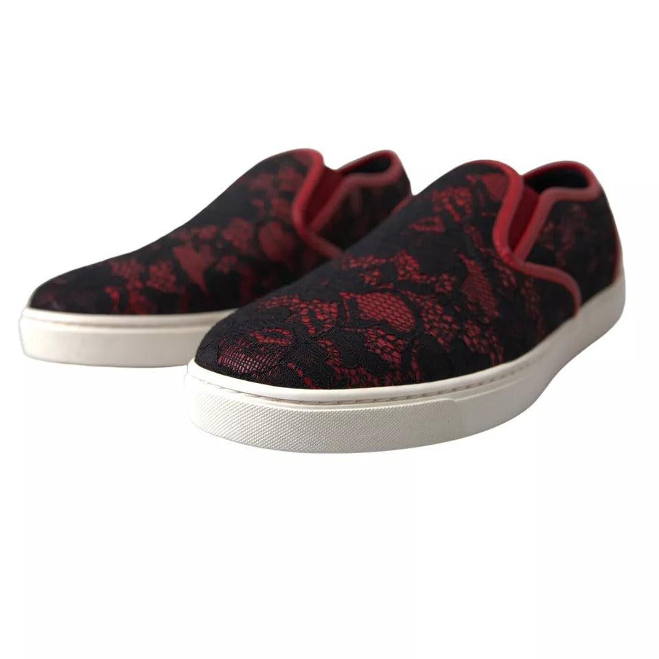 Black Red Lace Slip On Low Top Sneakers Shoes