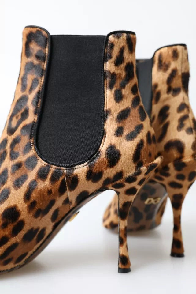 Brown Leopard Leather Stretch Heels Boots Shoes