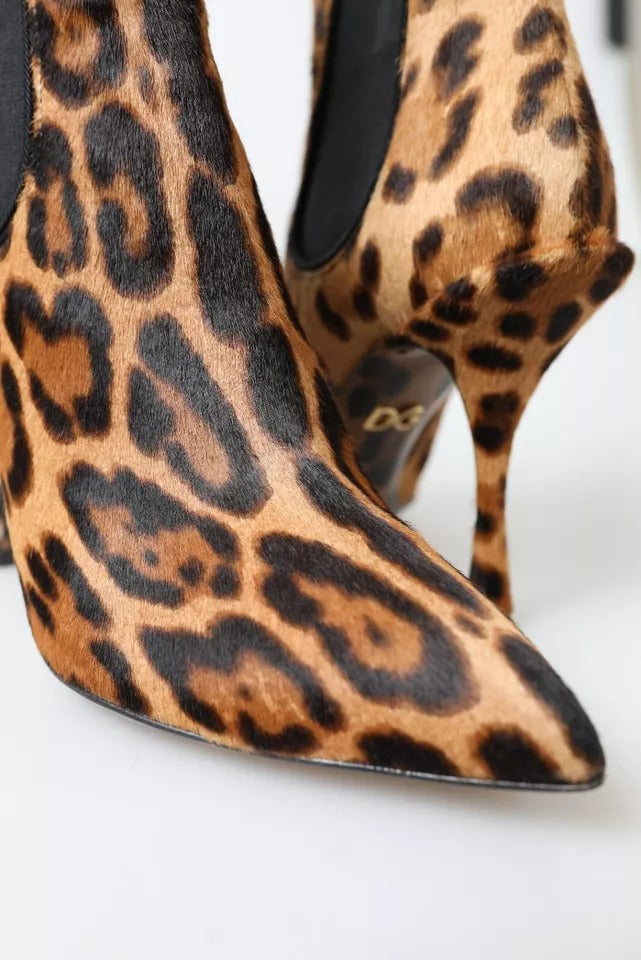 Brown Leopard Leather Stretch Heels Boots Shoes