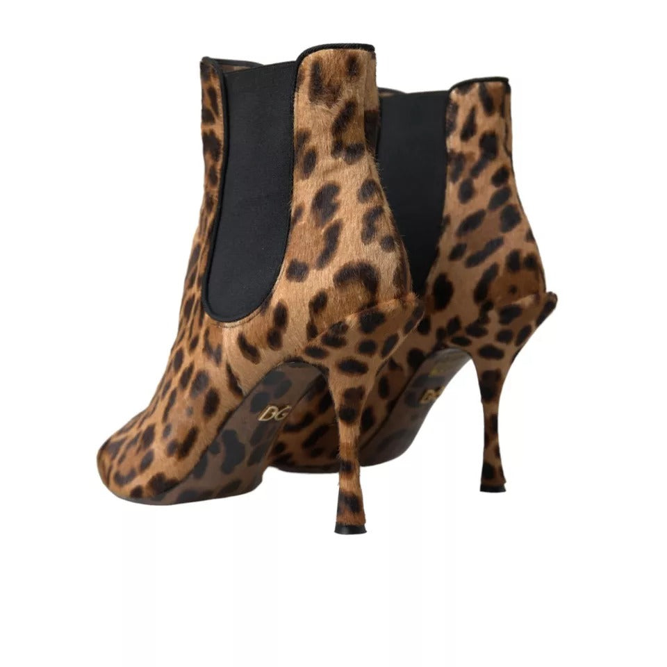 Brown Leopard Leather Stretch Heels Boots Shoes