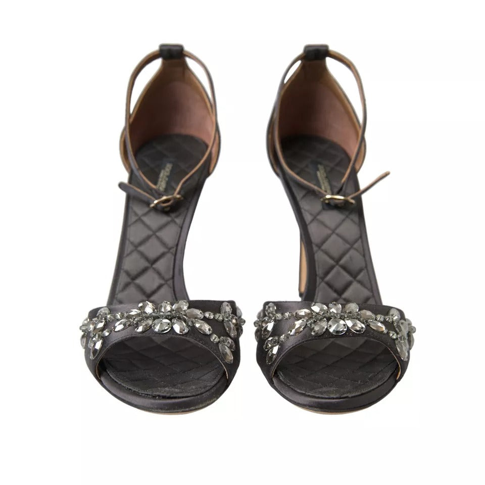 Gray Satin Ankle Strap Crystal Sandals Shoes