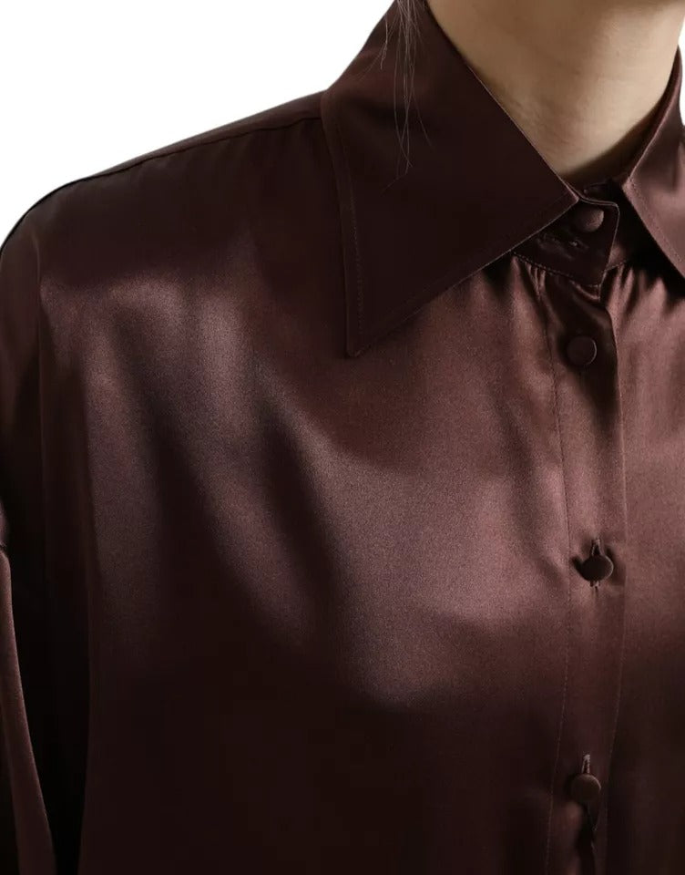 Brown Silk Collared Long Sleeves Top Blouse