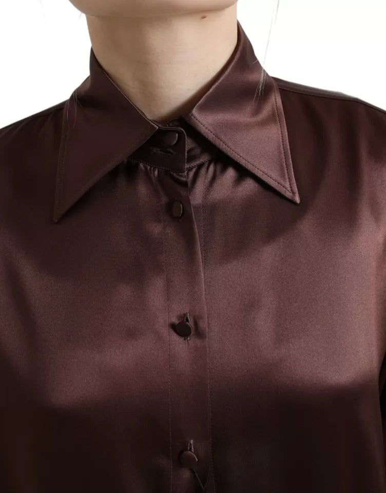 Brown Silk Collared Long Sleeves Top Blouse