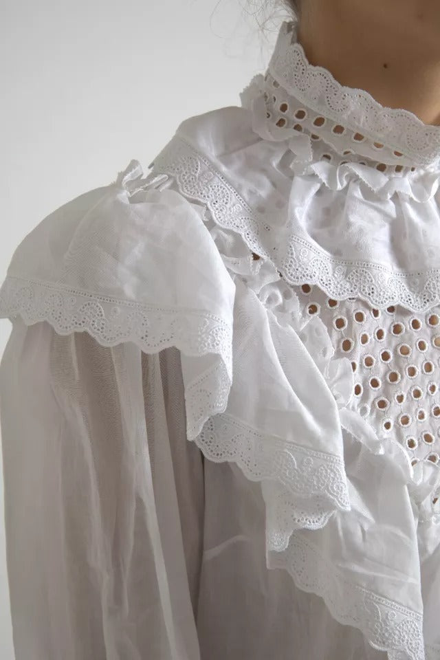 White Cotton Lace Trim Turtle Neck Blouse