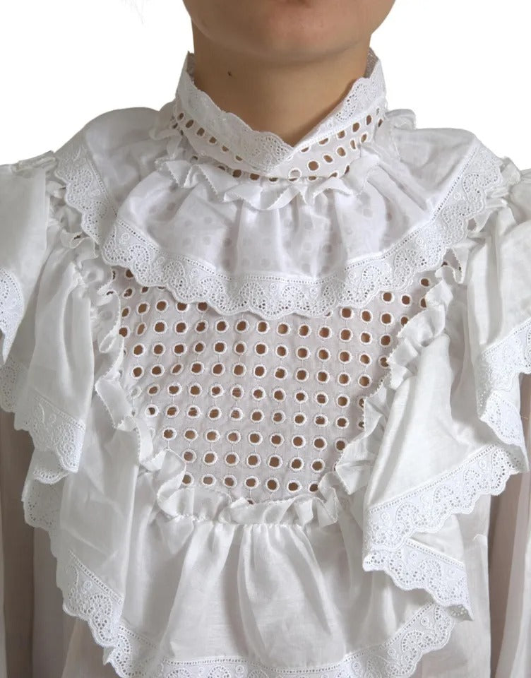 White Cotton Lace Trim Turtle Neck Blouse