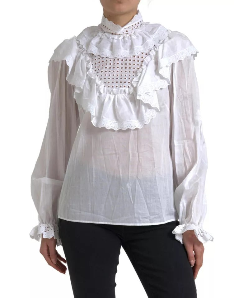 White Cotton Lace Trim Turtle Neck Blouse