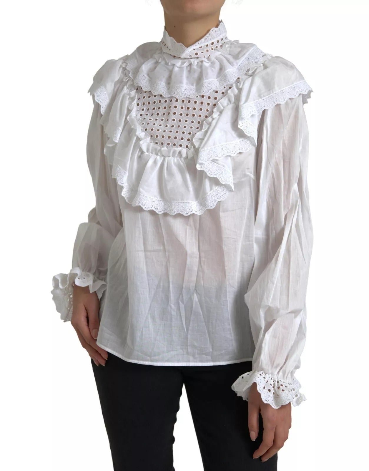 White Cotton Lace Trim Turtle Neck Blouse