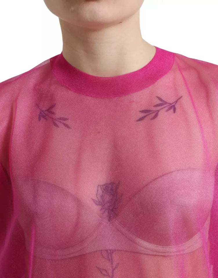 Pink Sheer Long Sleeves Crewneck Top Blouse