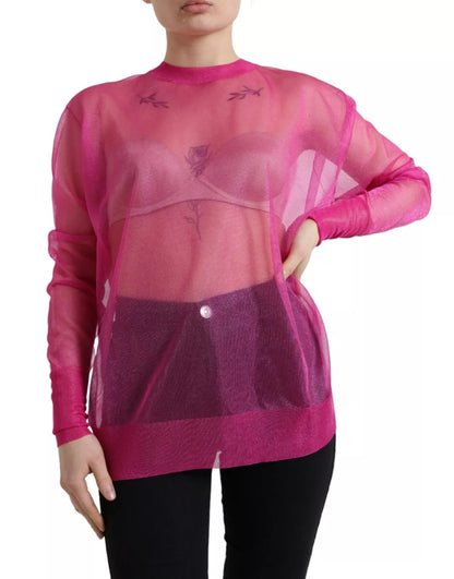 Pink Sheer Long Sleeves Crewneck Top Blouse