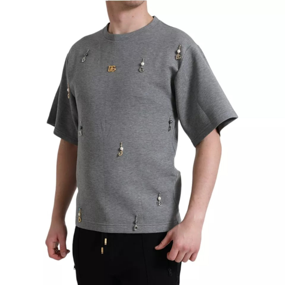 Gray Cotton Embellished Crew Neck  T-shirt