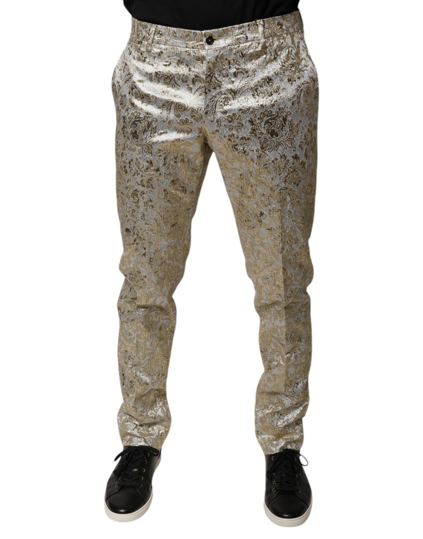 Pantalones de vestir para hombre en jacquard floral dorado