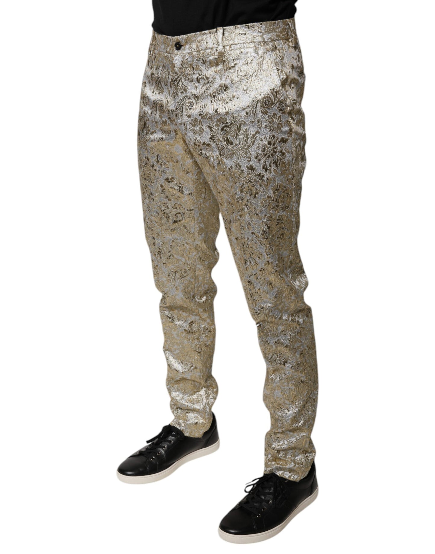 Pantalones de vestir para hombre en jacquard floral dorado