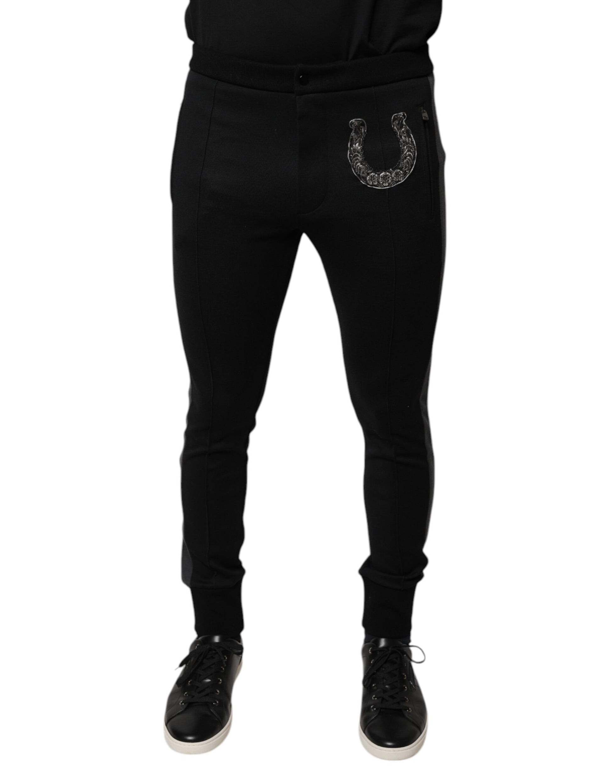 Black Horseshoe Embellished Wool Slim Fit Pants