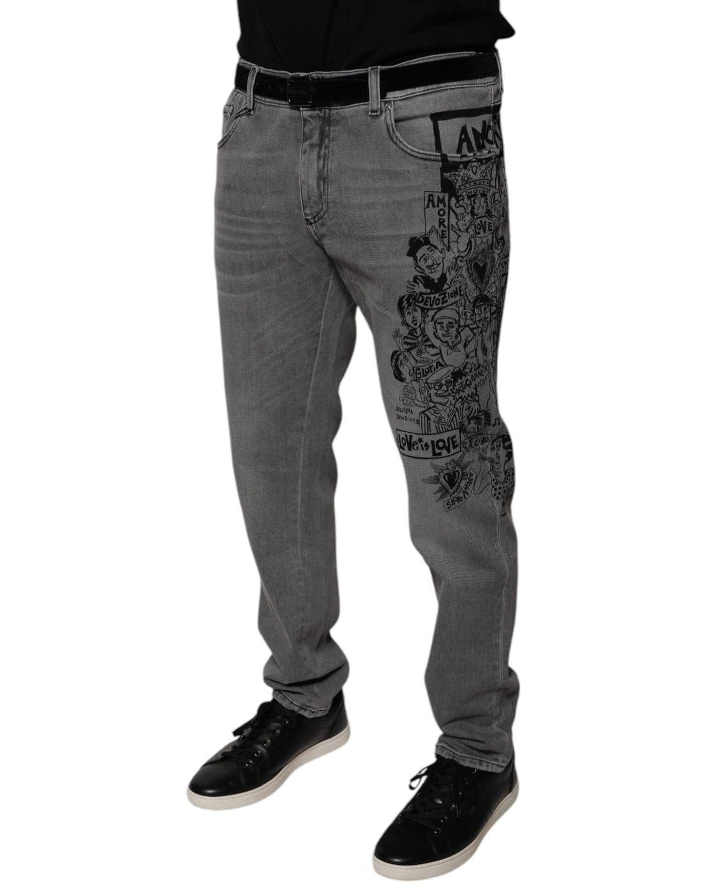 Gray Graphic Print Cotton Skinny Denim Jeans