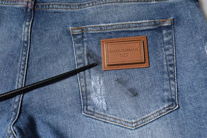 Blue Cotton Logo Tattered Skinny Denim Jeans