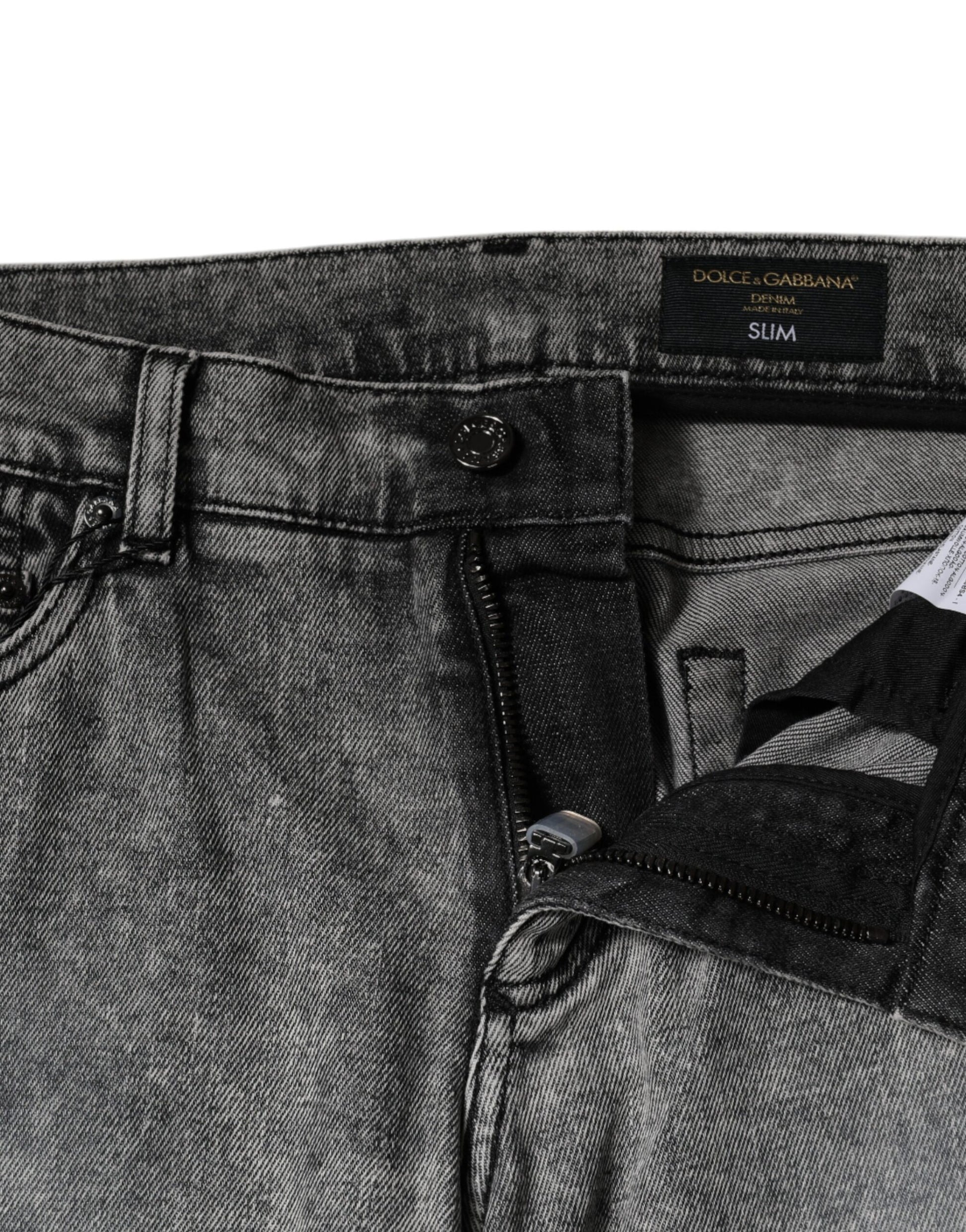 Gray Logo Plaque Cotton Slim Fit Denim Jeans