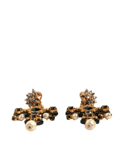 Black Crystal Cross Crystal Embellished Gold Clip On Earrings