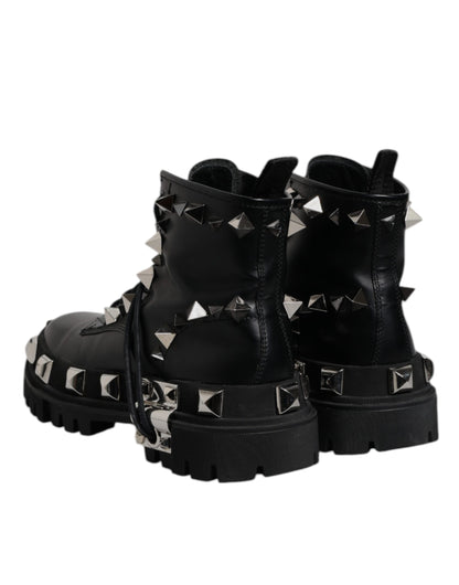 Black Leather Studded Trekking Boots Shoes