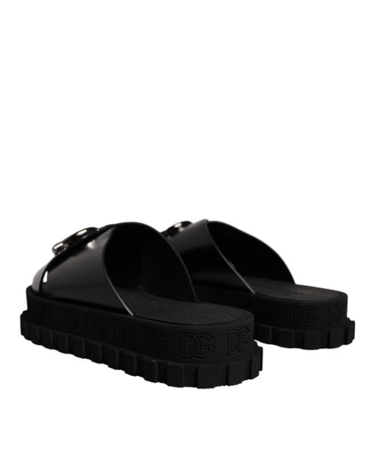 Black Leather DG Criss Cross Slides Sandals Shoes