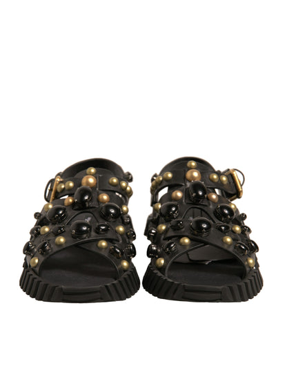 Black Leather Studded Slides Sandals Shoes