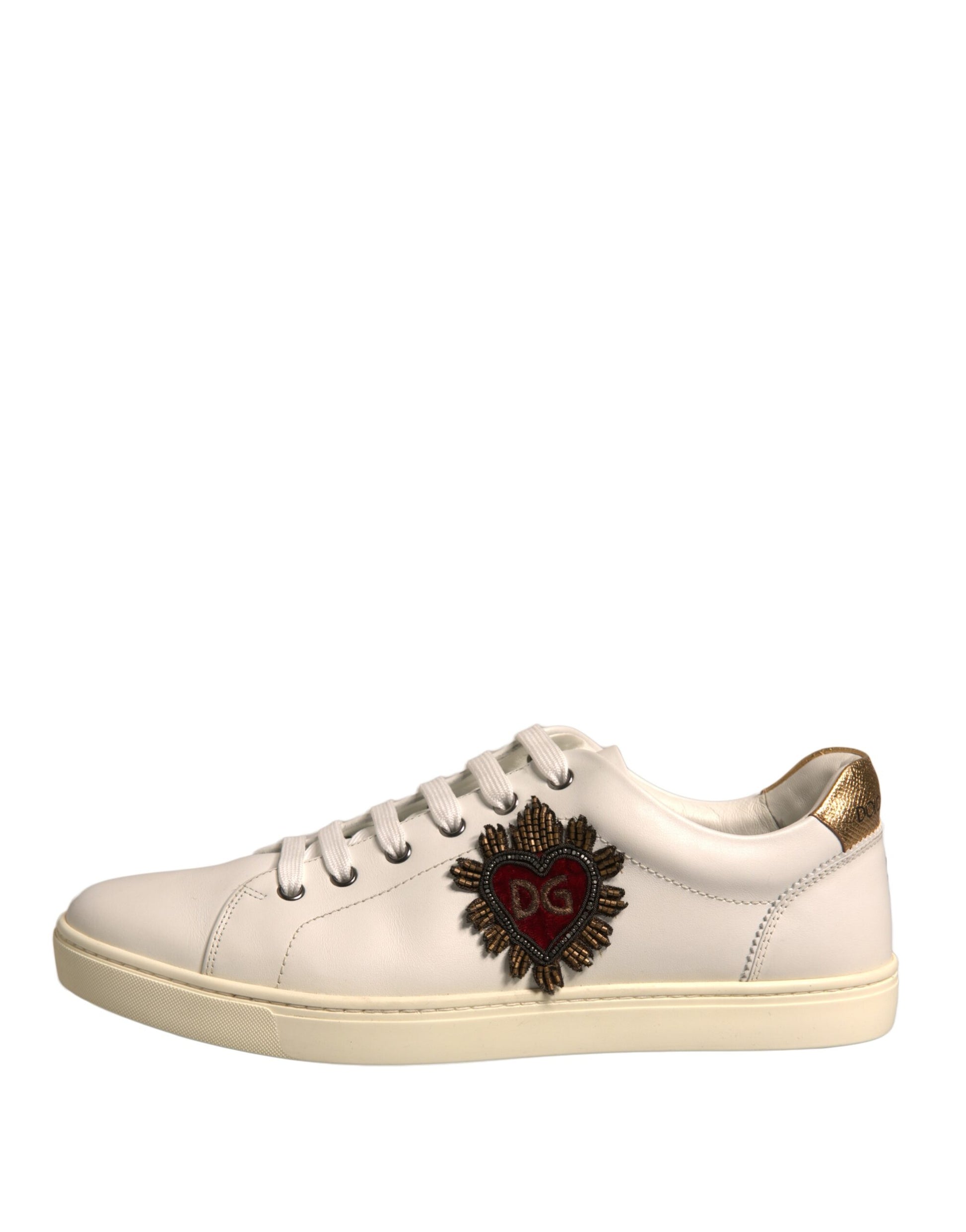 White Leather Heart Embellished Sneakers Shoes