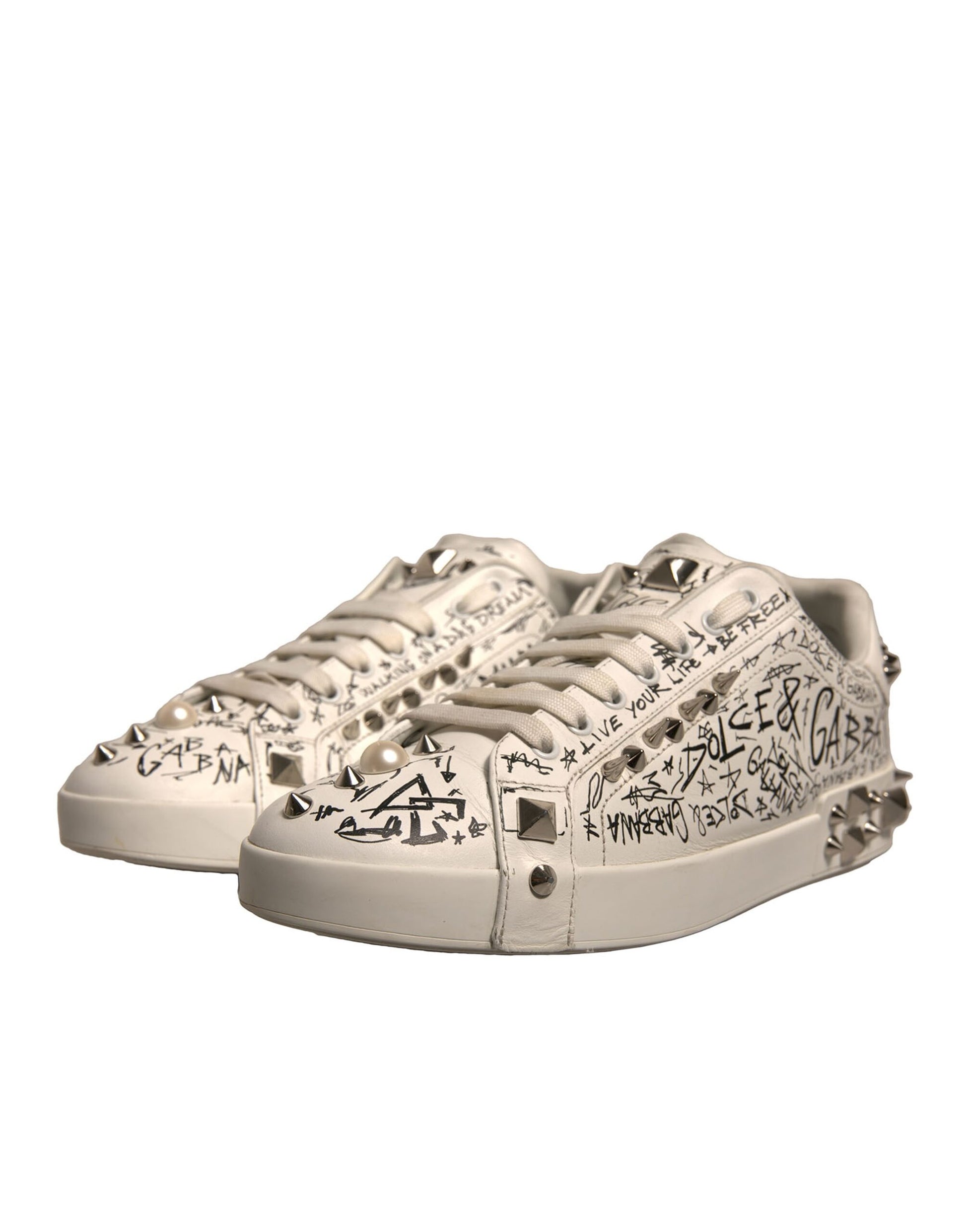 White Graffiti Studded Portofino Sneakers Shoes