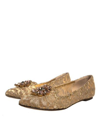 Gold Crystal Loafer Lace Ballet Flats Shoes