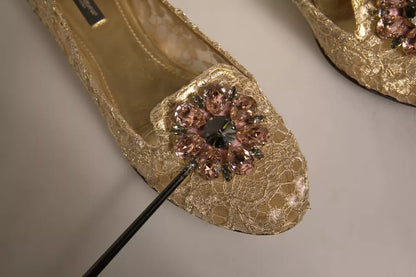 Gold Crystal Loafer Lace Ballet Flats Shoes